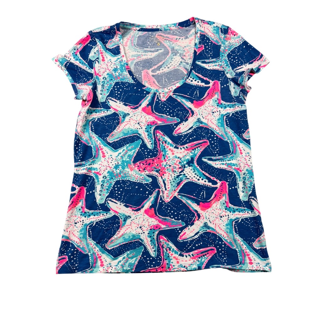 Lilly Pulitzer Indigo Star Struck Print Dori Tee Womens Medium - Picture 1 of 7